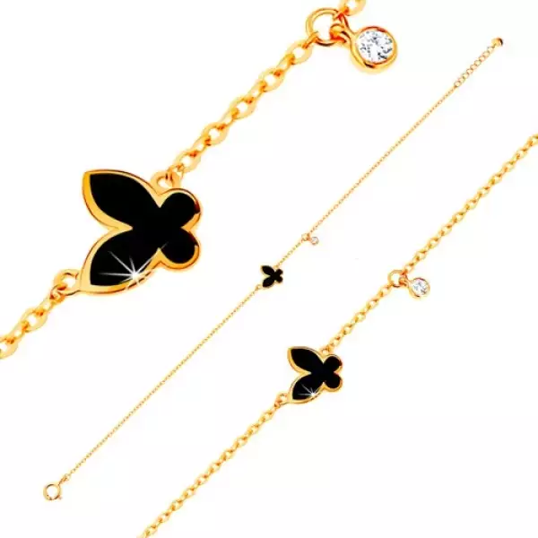 Karkötő 585 sárga aranyból - fénymázas fekete lepke és kerek, átlátszó cirkónia