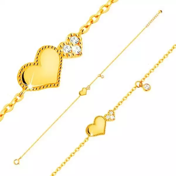 Karkötő 14K sárga aranyból - fényes és csillogó szív, függő, átlátszó cirkónia