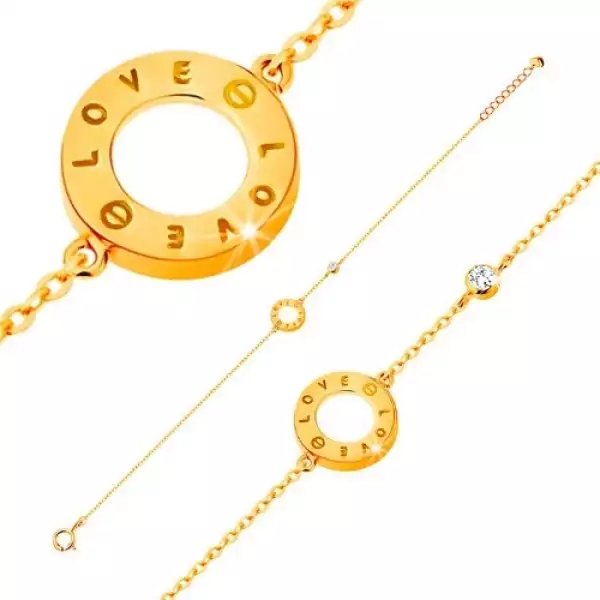 585 arany karkötő - kör körvonal LOVE felirattal, cirkónia átlátszó színben