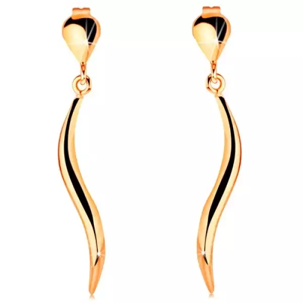 14K arany fülbevaló - fényes könnycseppen függő kidomborodó hullám, bedugós