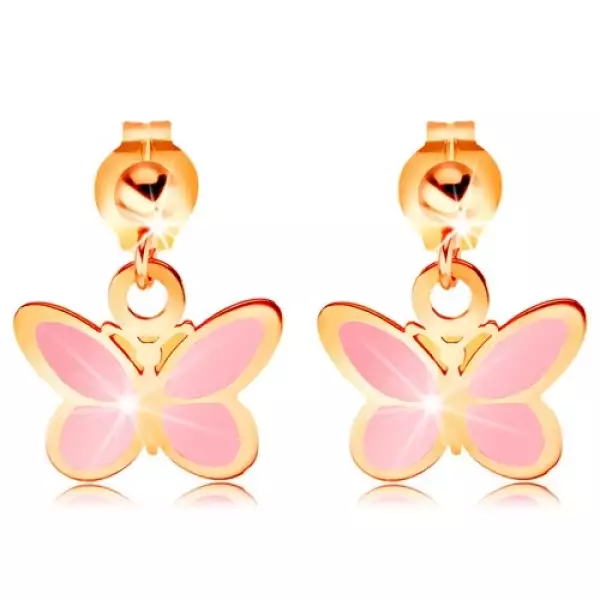 585 arany fülbevaló - fényes golyó függő rózsaszín pillangó, fénymáz