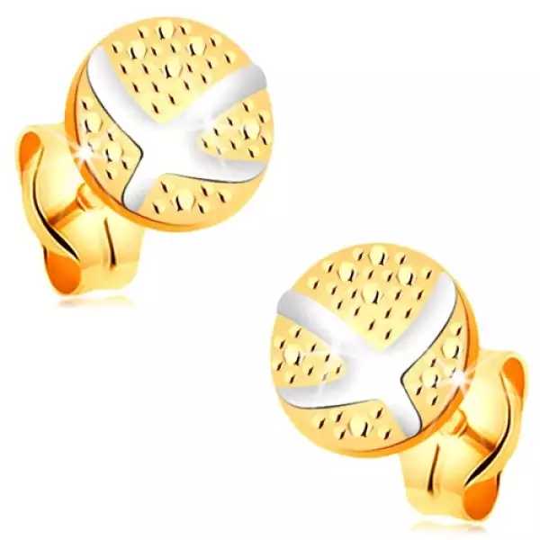 14K arany fülbevaló - gravírozott karika, egymást keresztező ívek fehér aranyból