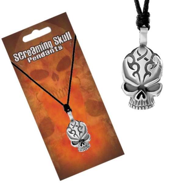 Állítható nyaklánc, fekete zsinór és koponya alakú medál bemetszésekkel a homlokán