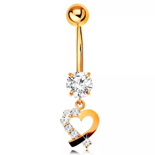 14K arany köldök piercing - szív körvonal átlátszó cirkóniás féllel