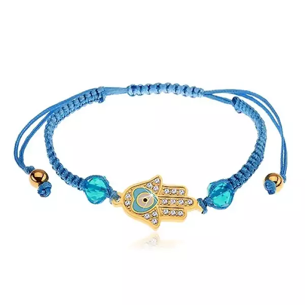Állítható karkötő kék zsinórokból, Hamsa szimbólum, átlátszó cirkóniák
