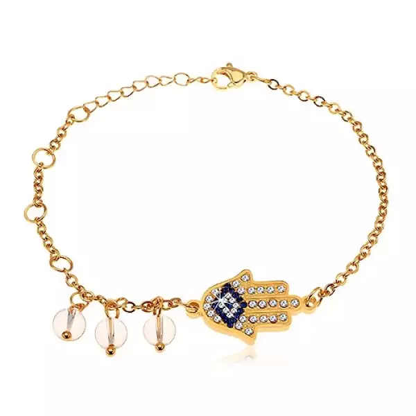 Sebészeti acél karkötő, arany színben, kék és átlátszó cirkóniás Hamsa kéz, átlátszó gyöngyök