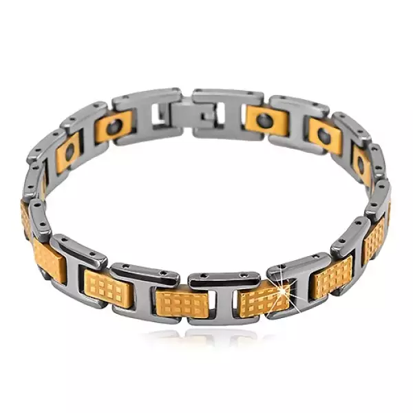 Kétszínű volfrám karkötő - fényes téglalap és H-elemek, mágnesek