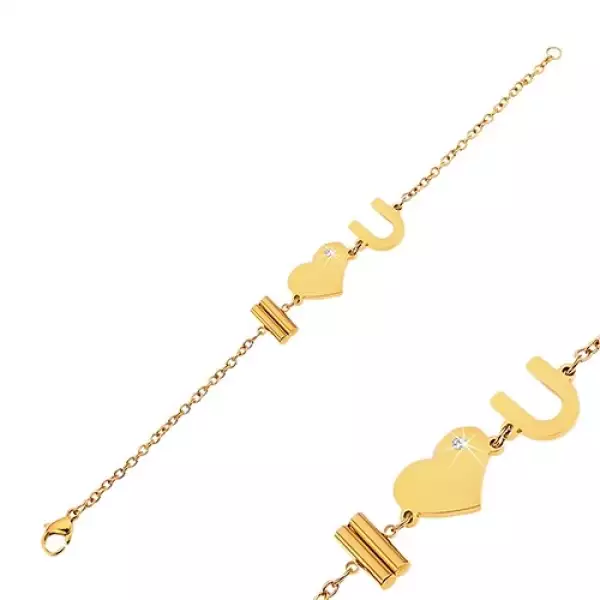 Acél karkötő arany színben I Love You felirattal és átlátszó cirkóniával