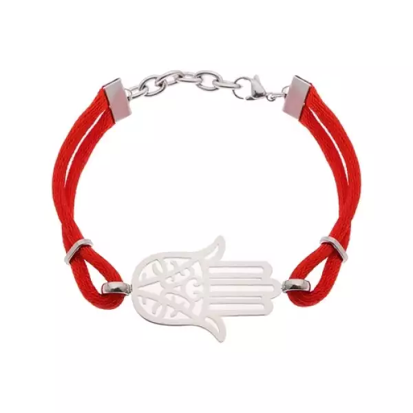Karkötő sebészeti acélból és piros zsinórokból, kivágott Hamsa szimbólum