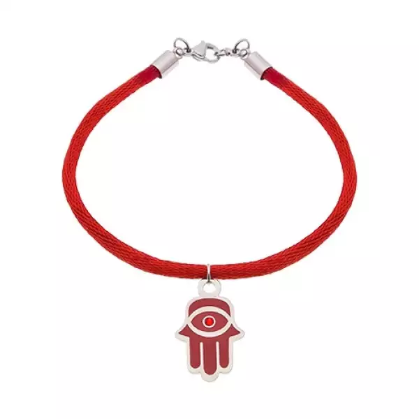 Karkötő 316L acélból és piros zsinórból, Fatima keze fénymázzal és cirkóniával