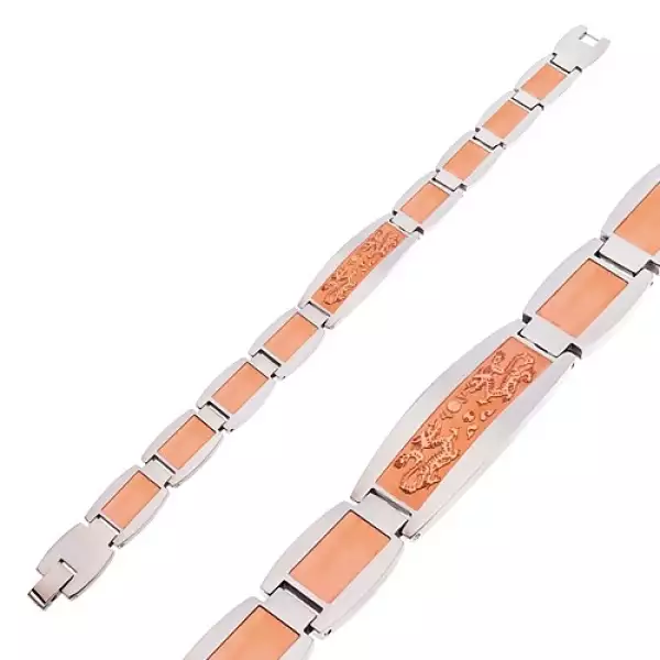 316L acél karkötő, tábla kínai sárkányokkal, ezüst és réz szín