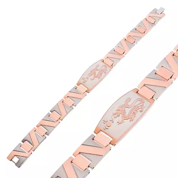 Acél karkötő kínai sárkánnyal és réz színű cikk-cakk sávval