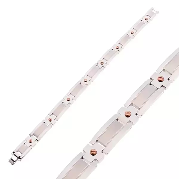 Acél karkötő matt sávval, fényes réz színű csavarok