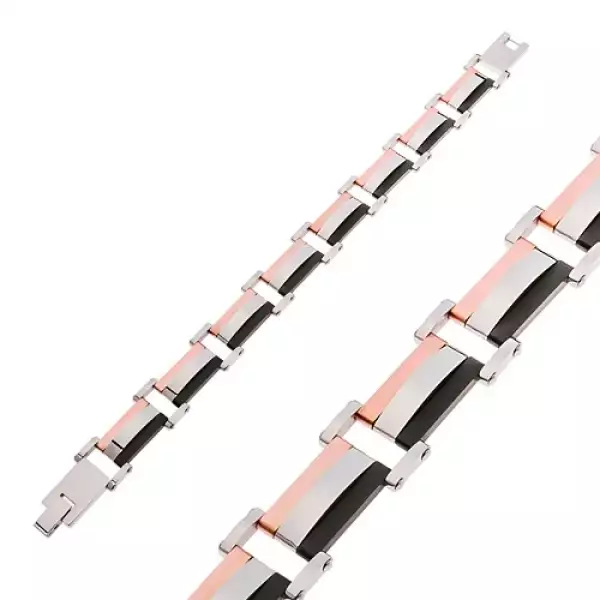 316L acél karkötő, háromszínű téglalap alakú szemek kidomborodó középpel