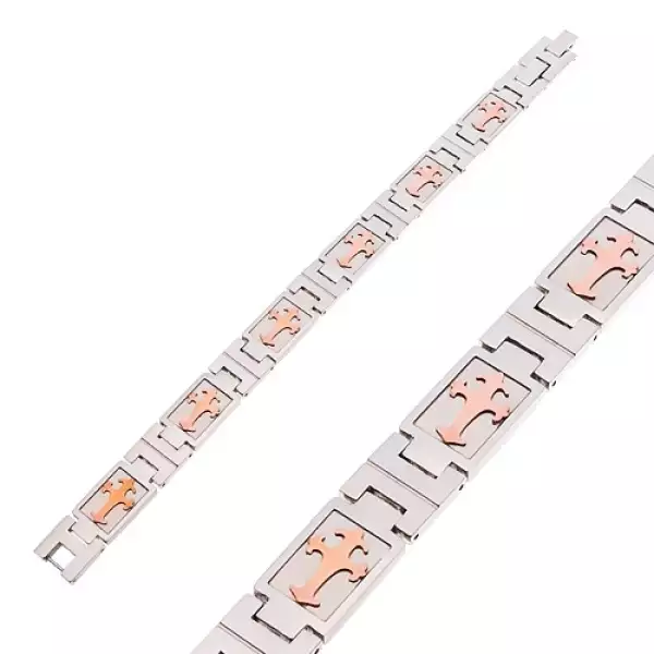 316L acél karkötő ezüst színben, réz árnyalatú liliomos kereszttel