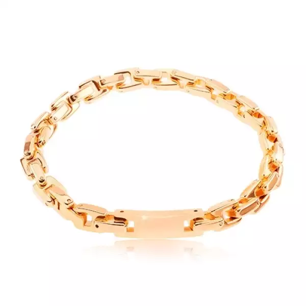 Acél karkötő réz színben, szögletes szemekből álló lánc, tábla