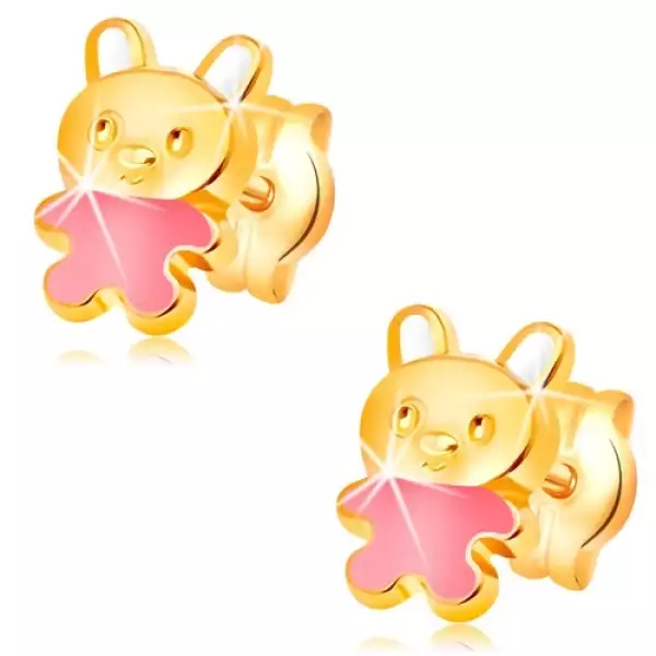 585 arany fülbevaló, nyuszi rózsaszín és fehér fénymázzal, stekkerek