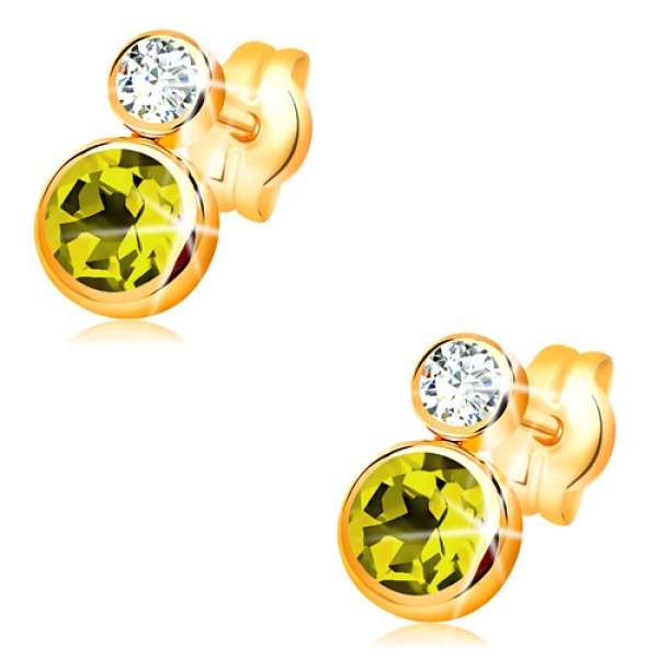 Fülbevaló sárga 14K aranyból - kerek zöld olivin és átlátszó cirkónia
