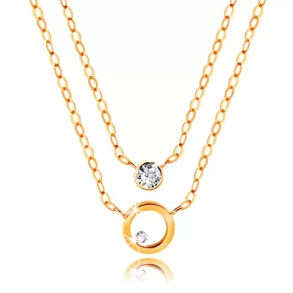 Nyaklánc sárga 14K aranyból - kettős lánc, karika és átlátszó cirkónia