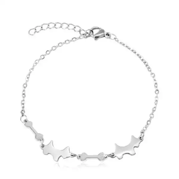 Ezüst színű sebészeti acél karkötő, ovális szemek, kutyák és csontok