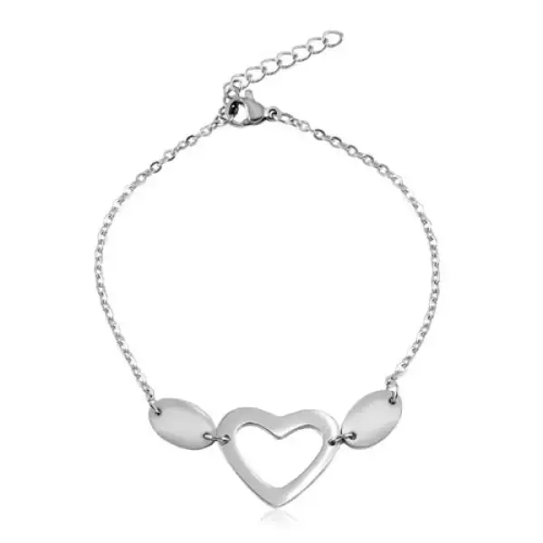 Ezüst színű acél karkötő, ovális szemek, két ovális forma és szív körvonal