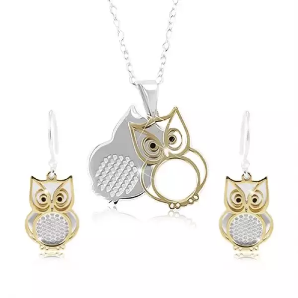 925 ezüst szett, két bagoly ezüst és arany színben