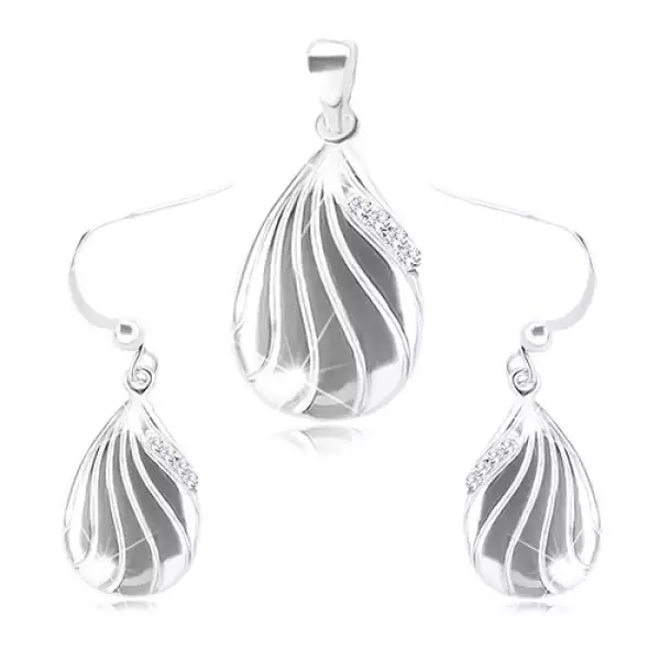 925 ezüst szett - fülbevaló és medál, gravírozott csepp átlátszó cirkóniákkal