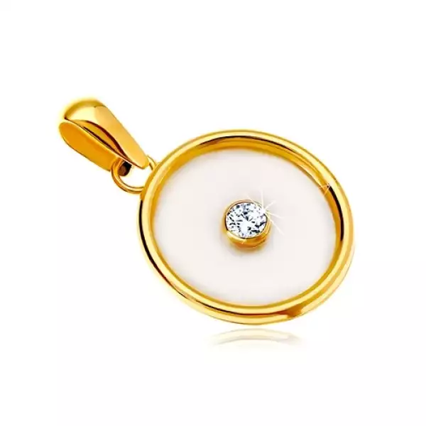 14K sárga arany medál - kör gyöngyház középpel és átlátszó cirkóniával