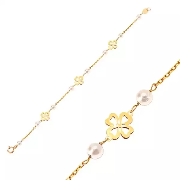 Gyermek 14K sárga arany karkötő - gömbölyű fehér gyöngyök és négylevelű lóherék