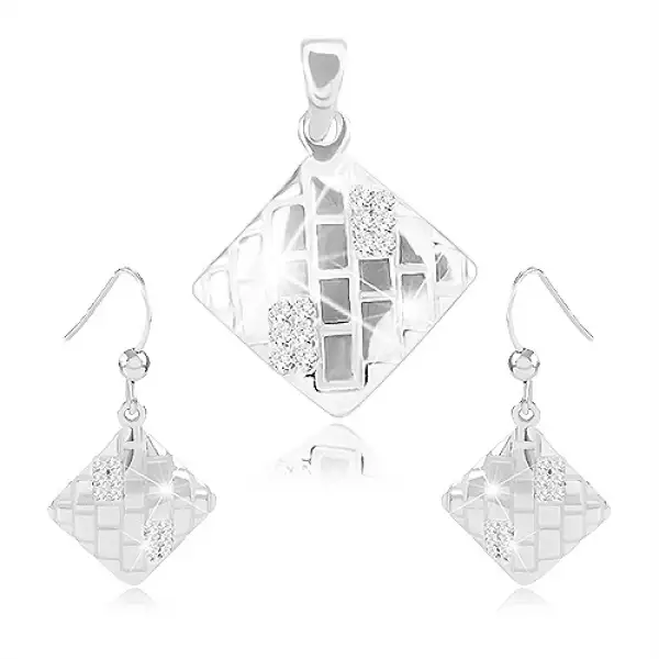 925 ezüst fülbevaló és medál szett, rombusz forma vágatokkal és cirkóniákkal