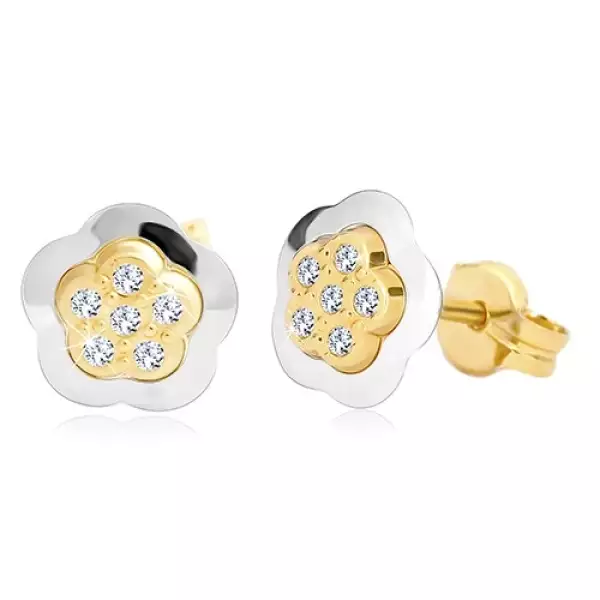 14K sárga arany fülbevaló - kétszínű virág beültetett átlátszó cirkóniákkal