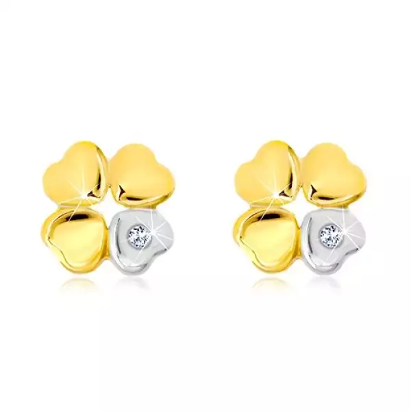 14K arany fülbevaló - szerencsét hozó négylevelű lóhere, szív cirkóniával