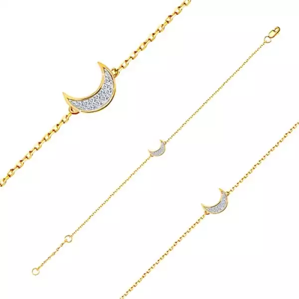 14K arany karkötő - fényes lánc, félhold medál cirkóniákkal kirakva
