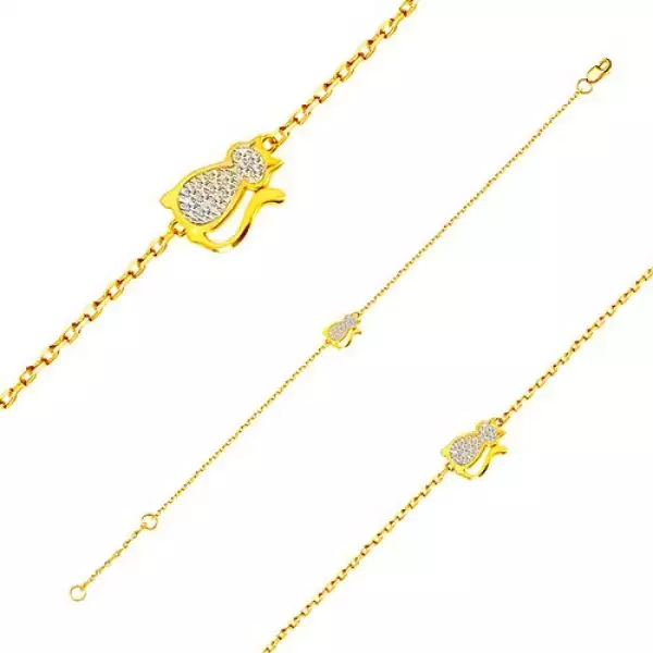 Karkötő 585 kombinált aranyból - kis macska cirkóniákkal, vékony lánc