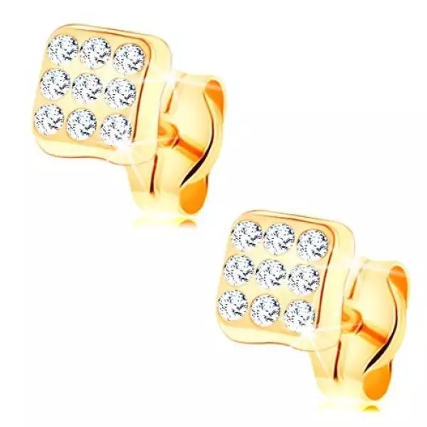 9K arany fülbevaló-lekerekített négyzet alakzat, apró tiszta cirkóniák