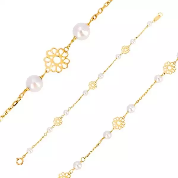 Gyerek karkötő 585 sárga aranyból - díszes virágok, gyöngyök
