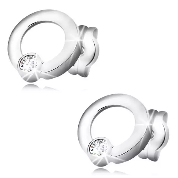 585 fehér arany fülbevaló - fényes karika, csillogó kerek cirkóniával, stekkeres