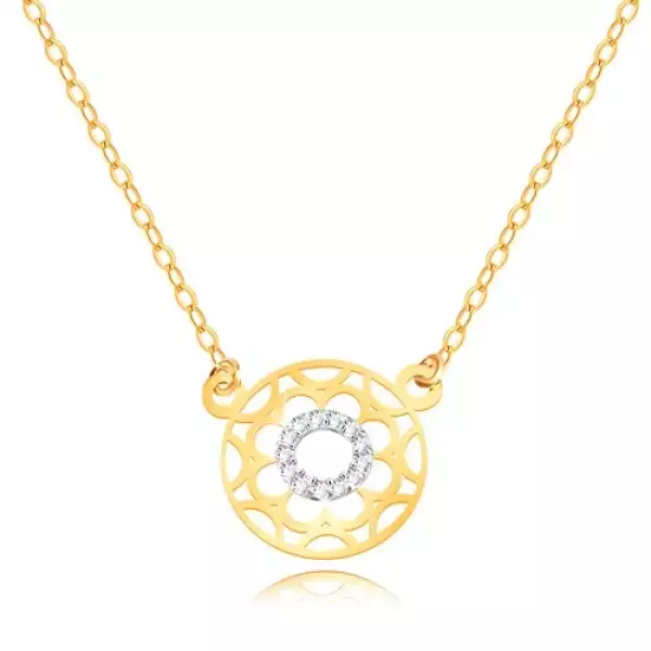 9K kombinált arany nyaklánc - kerek medál, cirkónia körrel