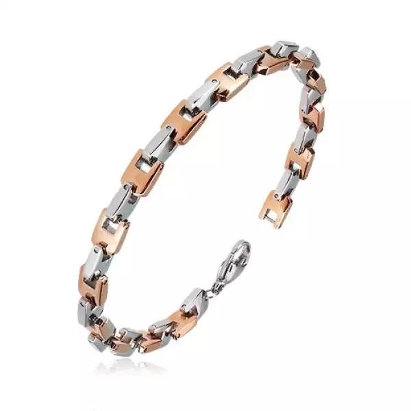Acél karkötő - egymásra merőlegesen összekapcsolt U-elemek rózsaarany és ezüst színben, 6 mm
