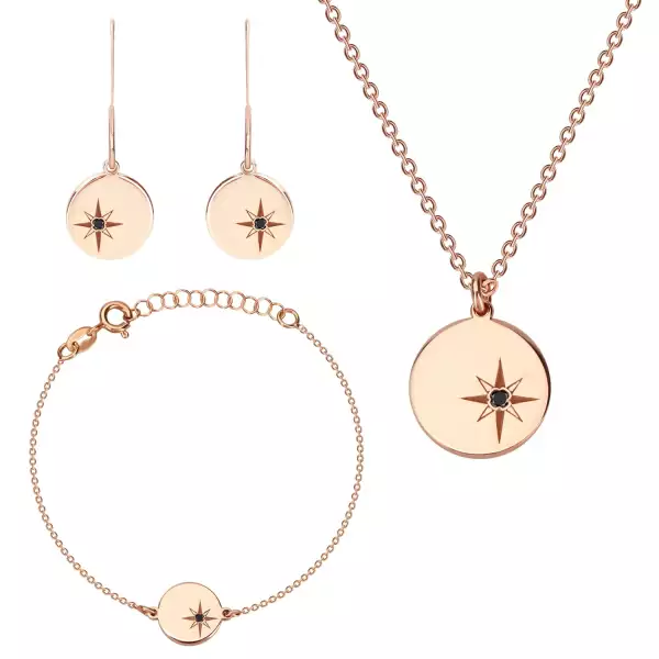 925 ezüst rózsaszín árnyalatú hármas szett - fülbevaló, nyaklánc és karkötő, kör ,Sarkcsillag gyémánttal