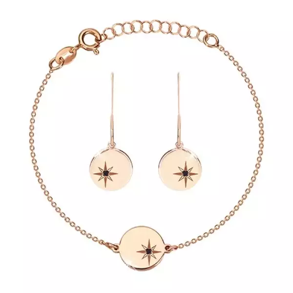 925 ezüst szett - karkötő és fülbevaló , rózsaszín árnyalat,kör, Sarkcsillaggal, gyémánttal