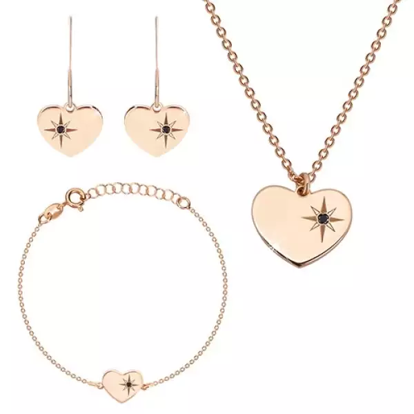 925 ezüst rózsaszín árnyalatú hármas szett - fülbevaló, nyaklánc és karkötő, szív ,Sarkcsillag gyémánttal