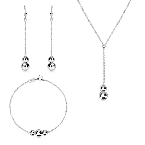 Három részes 925 ezüst szett - csavart nyaklánc, sima tükörfényes gömbökkel
