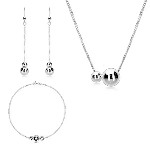 Három részes 925 ezüst szett - ovális szemű lánc, tükörfényes és sima golyók