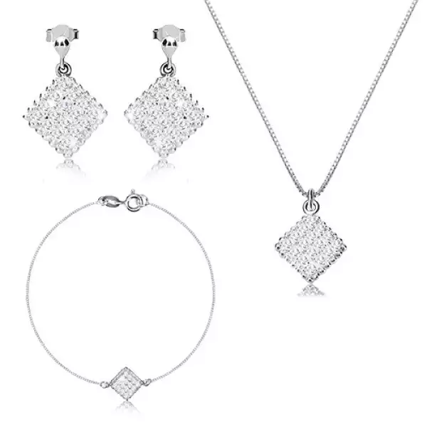 Három részes 925 ezüst szett - fodros szélű rombusz cirkóniákkal, szögletes lánc
