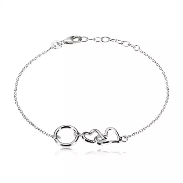 925 ezüst karkötő - két fényes szív és egy karika, kisebb ovális láncszemek