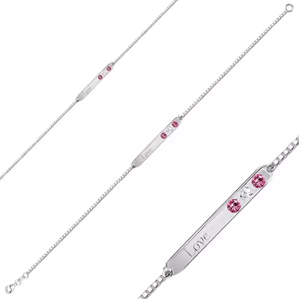 Karkötő 925 ezüstből - téglalap alakú, Love felirat, három cirkónia, delfinkapocs