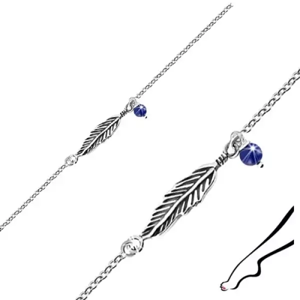 925 ezüst bokalánc - patinás madártoll, kék gyöngy, ovális szemek