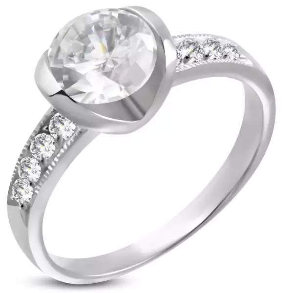 Sebészeti acél eljegyzési gyűrű egy nagy és nyolc kis cirkóniával - Nagyság_ 51