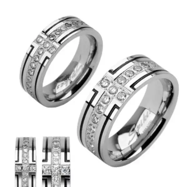 Acél karikagyűrű - két fekete bemart vonallal és cirkónia sávval - Nagyság_ 70